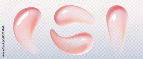Pink lip gloss swatch set on transparent background - glossy cosmetic cream smears with pearlescent shine, beauty product texture samples for makeup advertising, skincare packaging or cosmetic design.