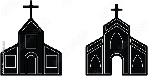 Church building icon set. A collection of flat black vector illustrations representing various church structures in a simple design.Stroke and perfect pixel isolated on transparent background.