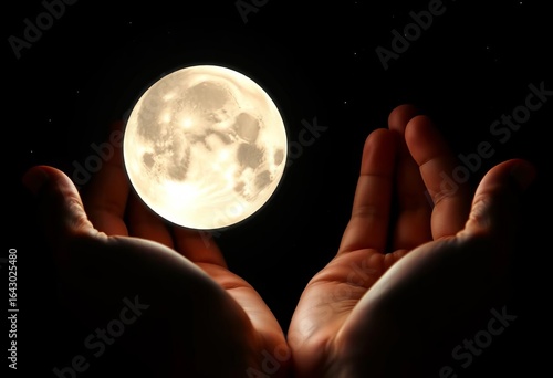 Two hands gently cradle a luminous moon against a starless black void,  universe,  space