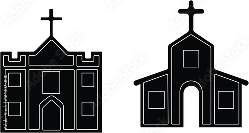 Church building icon set. A collection of flat black vector illustrations representing various church structures in a simple design.Stroke and perfect pixel isolated on transparent background.