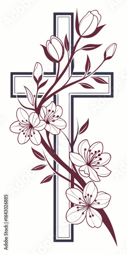 Minimilist dark outlined cross adorned with floral branches featuring cherry blossoms and tulip buds design element vector