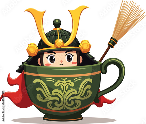 Samurai tea cup character with helmet cartoon
