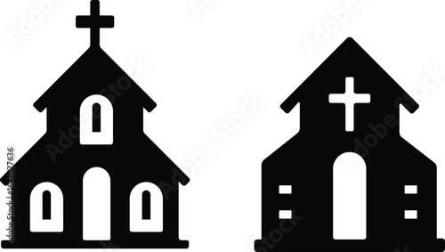 Church building icon set. A collection of flat black vector illustrations representing various church structures in a simple design.Stroke and perfect pixel isolated on transparent background.