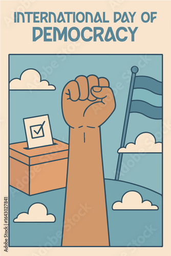 International Day of Democracy: Powerful illustration a raised fist in front of a ballot box, symbolizing activism, unity, and the strength of voting as a form of democratic expression