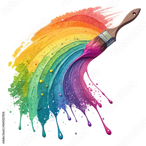 Vibrant rainbow arc painted with brush, splashing colors with dynamic artistic flair and creative energy