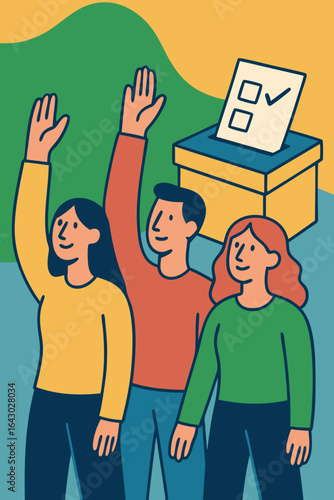 Diverse individuals raising hands in support, preparing for democratic voting with checkboxes and ballot box
