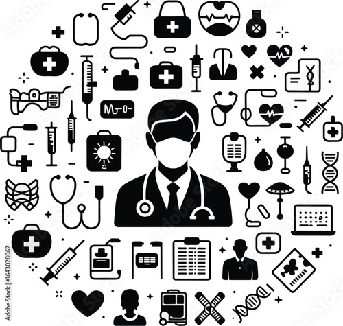 Doctor at Center of Medical Symbol Icons 