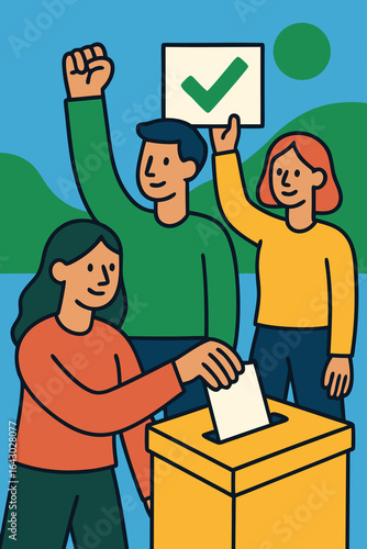 Democratic participation with people casting their votes, raising their hands, and signaling approval during election day