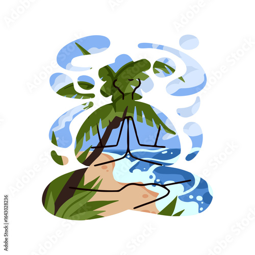 Concept of meditation, zen and harmony. Female silhouette in lotus pose with sea landscape. Retreat, awareness practice in nature. Woman sits in yoga asana. Flat isolated vector illustration on white