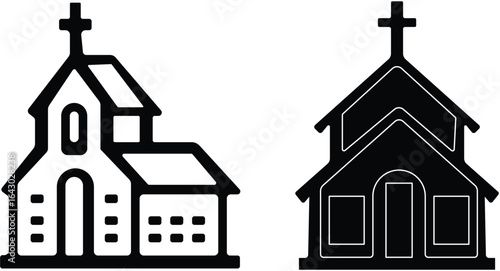 Church building icon set. A collection of flat black vector illustrations representing various church structures in a simple design.Stroke and perfect pixel isolated on transparent background.