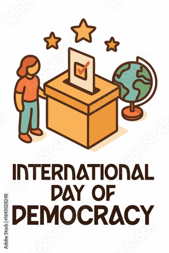 International Day of Democracy illustration featuring a person voting with a ballot box and a globe, symbolizing global democratic participation