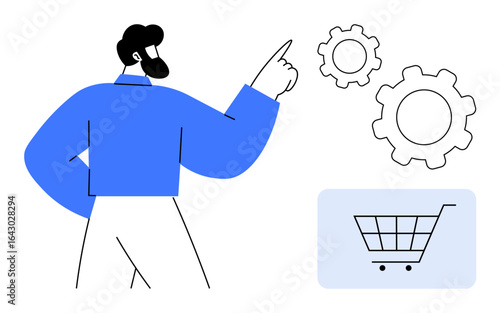 Man pointing at interconnected gears beside a shopping cart graphic, symbolizing system automation, process management, and ecommerce solutions. Ideal for ecommerce, workflow, technology, automation