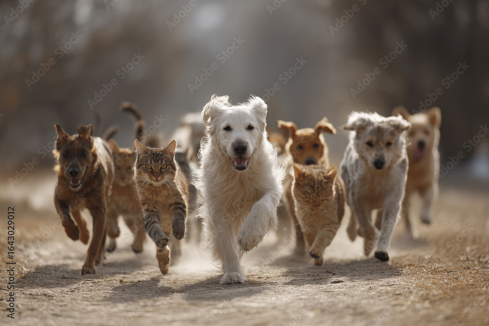 Naklejka premium playful scene of cats and dogs enjoying sunny day in park chasing each other and playing with toys