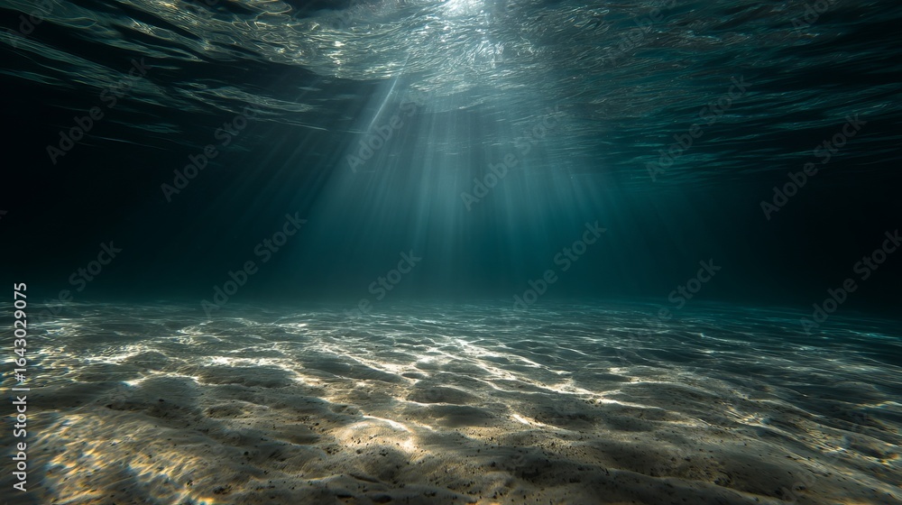 Fototapeta premium Serene underwater scene with illuminating rays breaking through the surface, creating a tranquil atmosphere.
