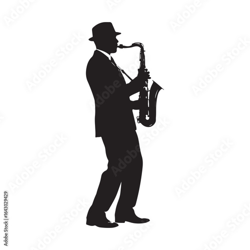 A dramatic black silhouette of a man playing a saxophone.
