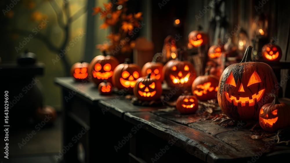 Obraz premium A mesmerizing Halloween display of glowing carved pumpkins casting an eerie light, perfect for the spooky season. Their faces radiate, enhancing the festive, haunting ambiance.