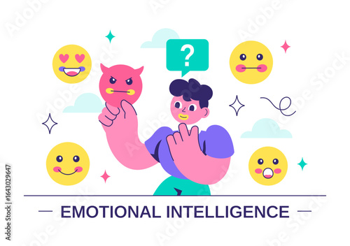 Emotional Intelligence Vector Illustration featuring Controlling Feelings and Emotions with Logical Thinking, Empathy, Social Skills and Mental Health