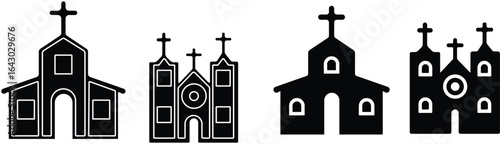 Church building icon set. A collection of flat black vector illustrations representing various church structures in a simple design.Stroke and perfect pixel isolated on transparent background.