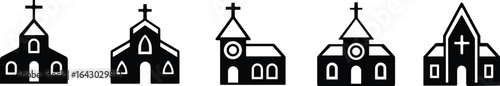 Church building icon set. A collection of flat black vector illustrations representing various church structures in a simple design.Stroke and perfect pixel isolated on transparent background.