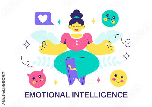 Emotional Intelligence Vector Illustration featuring Controlling Feelings and Emotions with Logical Thinking, Empathy, Social Skills and Mental Health