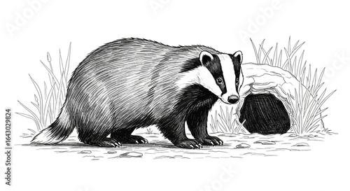 Artistic grayscale illustration of a badger near its sett in nature