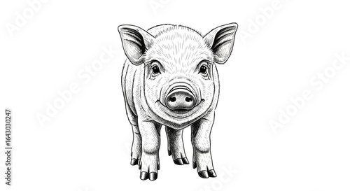 Charming monochrome sketch of a delightful piglet facing the viewer head-on