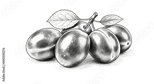 Charming monochrome illustration of fresh plums with leaf and stem detail