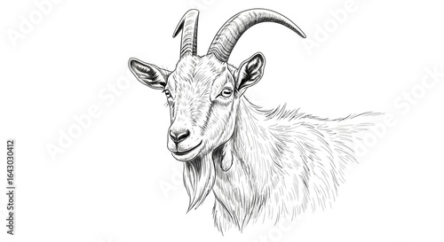 Detailed black and white drawing of a goat with curled horns artwork