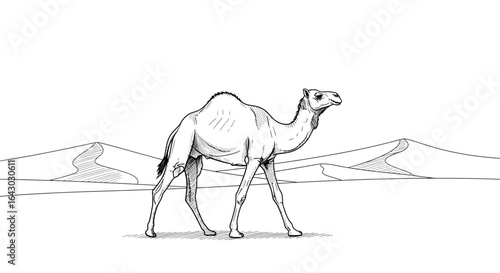 Detailed Camel Illustration with Desert Backdrop in Monochromatic Drawing