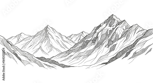 Detailed line art depiction of majestic mountain ranges landscape illustration