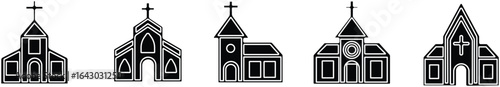 Church building icon set. A collection of flat black vector illustrations representing various church structures in a simple design.Stroke and perfect pixel isolated on transparent background.