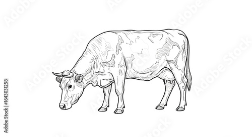 Detailed line art illustration of a grazing dairy cow on a white background