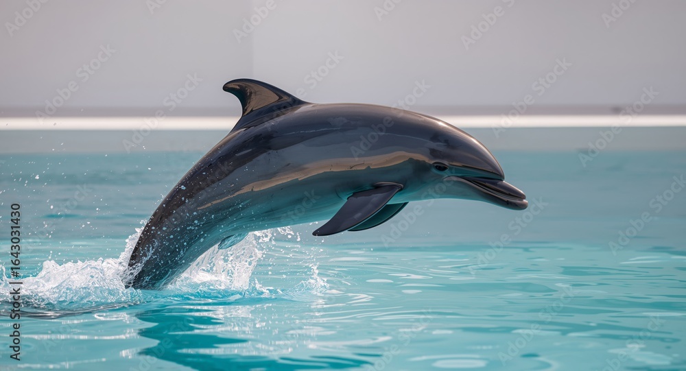 Fototapeta premium Dolphin Jumping Out of Water, Splashing and Displaying its Sleek and Muscular Body.