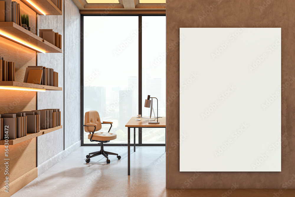 Fototapeta premium Vertical blank poster mockup on brown wall inside modern office interior with bookshelves, desk, chair, and city view through large window. 3D Rendering
