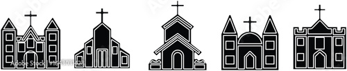 Church building icon set. A collection of flat black vector illustrations representing various church structures in a simple design.Stroke and perfect pixel isolated on transparent background.
