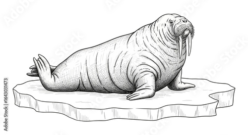 Detailed line drawing of a walrus resting on an icy floe expanse landscape