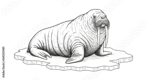 Detailed line drawing of a walrus resting on an ice floe, isolated