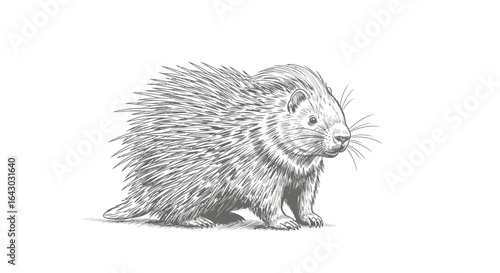 Detailed monochrome drawing of a cute porcupine in a white background