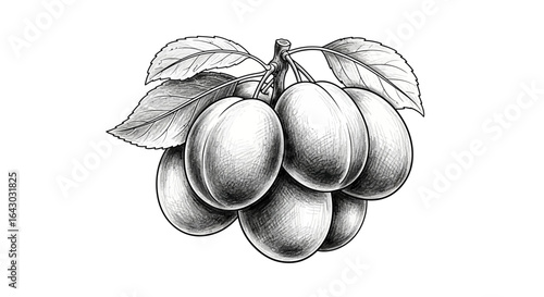 Detailed monochrome drawing of plums and leaves presents nature's bounty