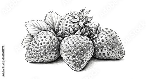 Detailed monochrome drawing of several strawberries clustered on a white background