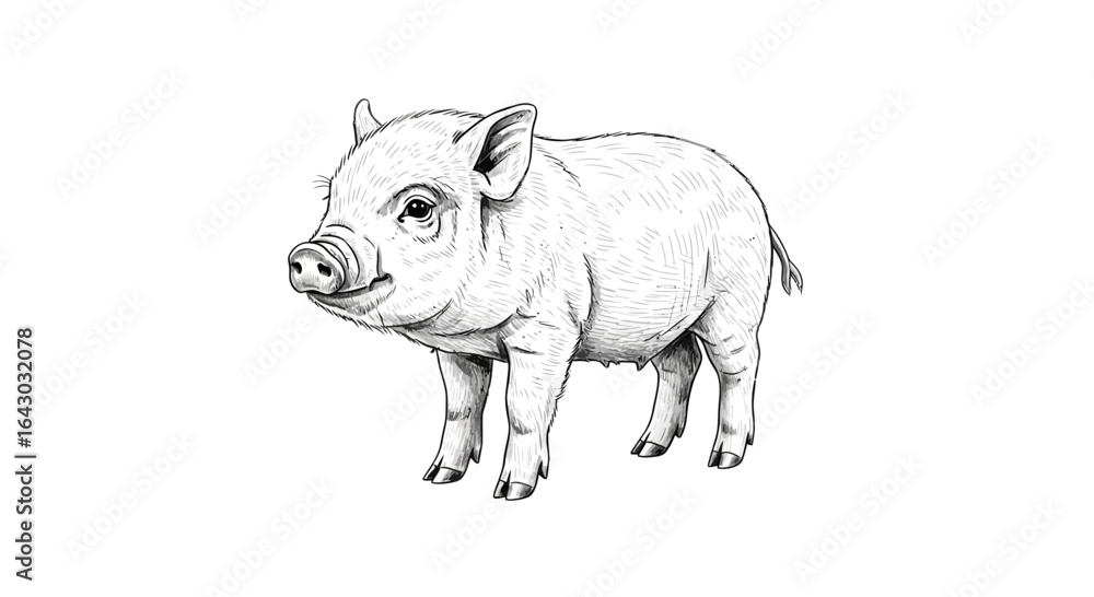 Fototapeta premium Detailed monochrome illustration of a charming young piglet on white