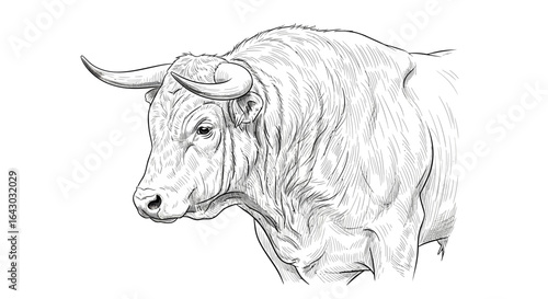 Detailed monochrome drawing showcasing a magnificent bull's head profile