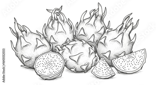 Detailed monochrome illustration capturing fresh dragon fruits composition