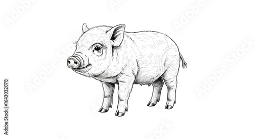 Detailed monochrome illustration of a charming young piglet on white