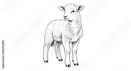 Detailed monochrome illustration of a cute lamb with a fluffy coat