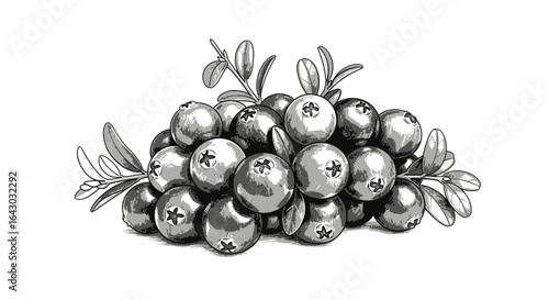 Detailed monochrome illustration of a pile of lingonberries and foliage
