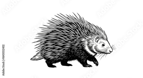 Detailed monochrome illustration of a walking porcupine with sharp quills