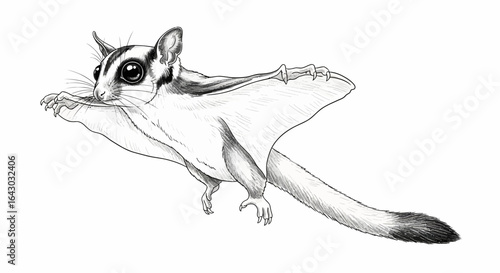 Detailed monochrome illustration of a sugar glider in graceful flight pose