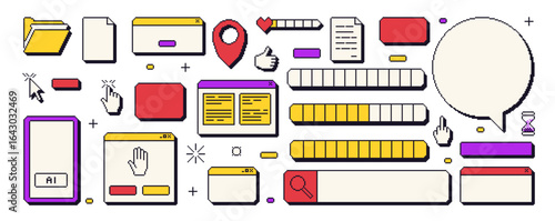Pixel windows interfaces set . 8 bit frames and icons. 90s text boxes and speech bubbles elements. Loading and search bar, border with cursors. Vector illustration isolated on transparent background.
