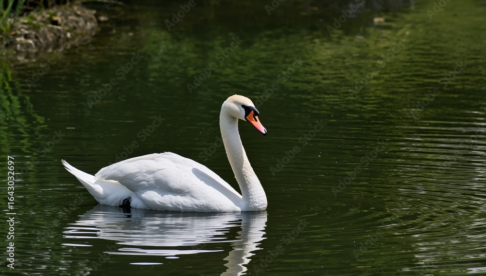 Elegant Swan Gliding Serenely on a Calm Lake, Natures Beauty Reflected in Water.